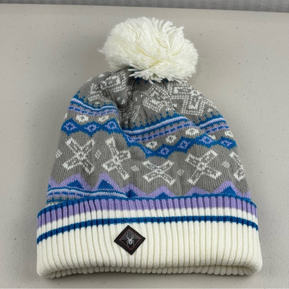 Spyder Gray White Blue Knit Beanie with White Pom-Pom One Size